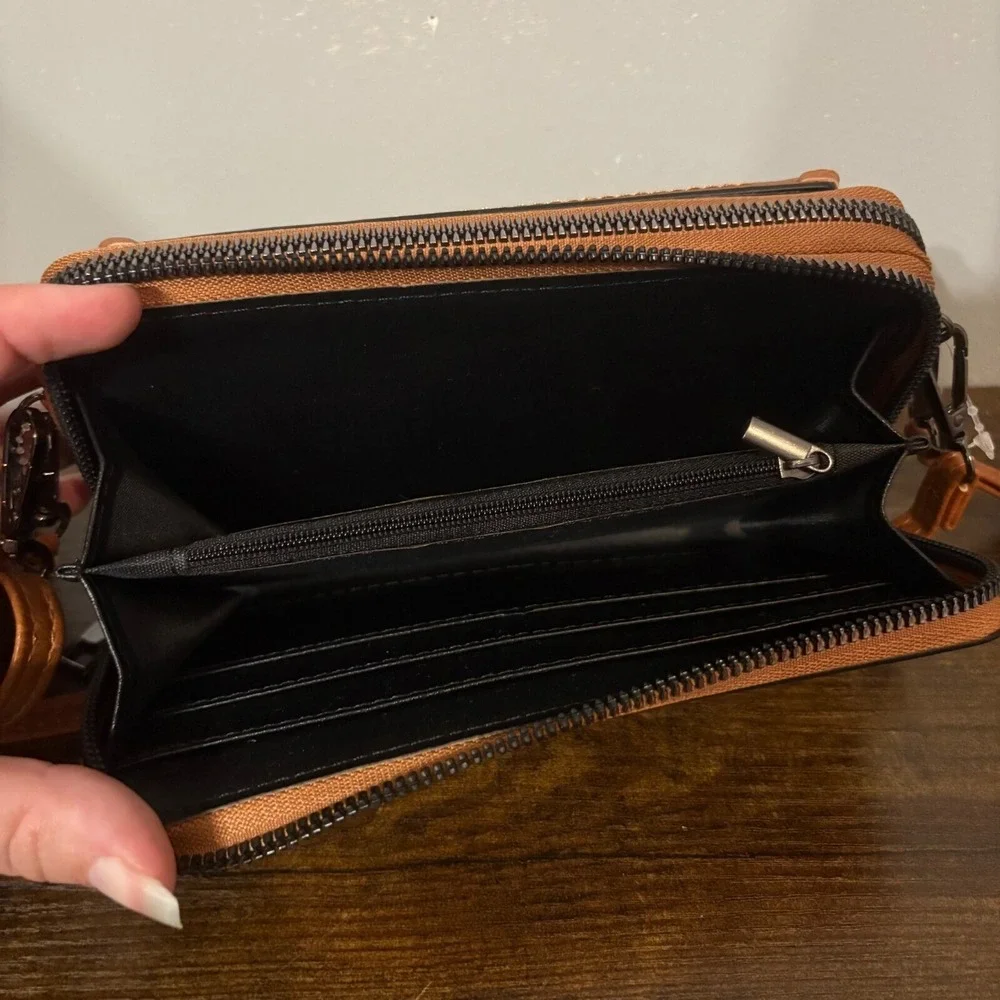 Sam & Hadley Cognac Brown‎ Vegan Leather Embroidered Beaded Crossbody Bag